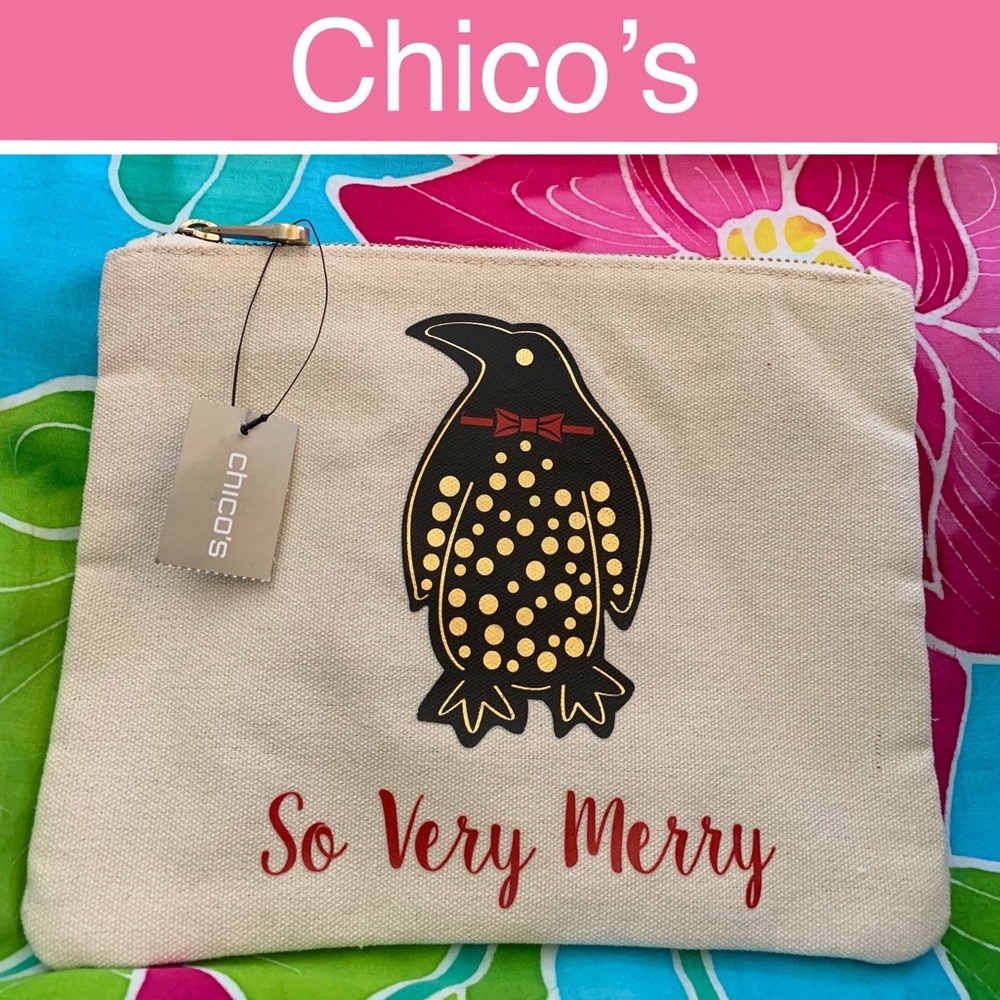 NWT Chico’s Happy Penguin Canvas Zip Pouch